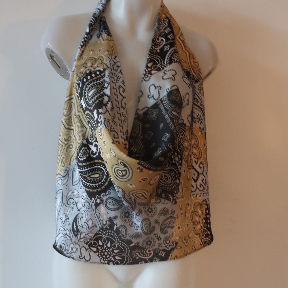NWT Womens Bululu Bululu Resort Wear Black Gold Satin Paisley Halter Top L/XL *